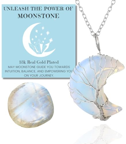 HALUKAKAH Cristal Pierre Collier Femme Naturelle Pierre de Lune Plaqué Platine Laiton Fil Fait Main Sinueux Arbre de Vie Forme de Lune Pendentif 30×40mm avec Chaîne 50cm