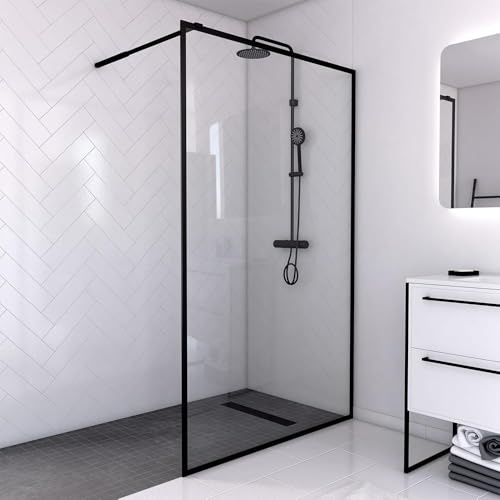 MARWELL WALK IN Duschwand 90 x 200 cm - Duschabtrennung mit barrierefreien Einstieg - 6mm starkes Einscheibensicherheitsglas - inklusive Halterungsstange - Glasdusche im trendigen matt schwarz