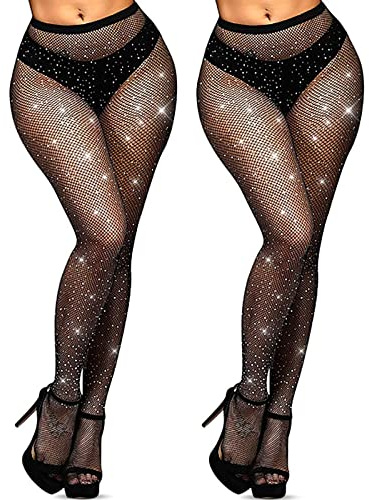 YOGINGO Rhinestone Fishnet Tights for Women - Sparkly Black Stockings, Glitter Mesh Pantyhose With Large Diamonds