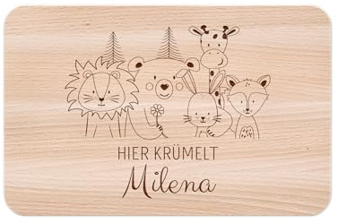 wunderwunsch - Individuelles Holzbrett mit Gravur für Kinder - Personalisiertes Frühstücksbrettchen - Niedliche Motiv-Brettchen mit Namen (Tiere Blume, 22cm x 14cm x 1cm)