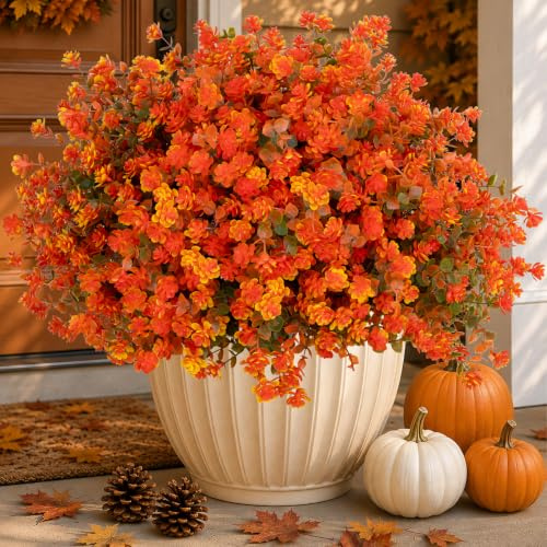 AXYLEX - Flores artificiales de plástico para exteriores, 12 paquetes de flores artificiales de otoño, resistentes a los rayos UV, no se decoloran, arbustos sintéticos, hogar, jardín, porche, patio,