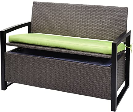 Mendler Poly-Rattan 2er Sitzbank HWC-F39AM - grau-meliert, Kissen grün | Gartenbank, Truhenbank, Staufach, Aufbewahrung, Sitzkissen