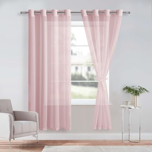 DWCN Blush Pink Sheer Curtains with Tiebacks Semi Transparent Voile Grommet Curtains Elegant Window Curtains for Bedroom and Living Room,2 Panels,W56 x L72