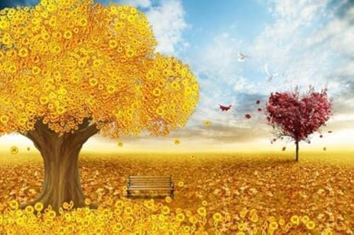 adrium Acryl-Bild 60 x 40 cm: 3D-Illustration, goldener Geldbaum, Münzen, Herbstblätter, Baum in Form eines Herzens mit roten Blättern, weiße Tauben, die (126280833)