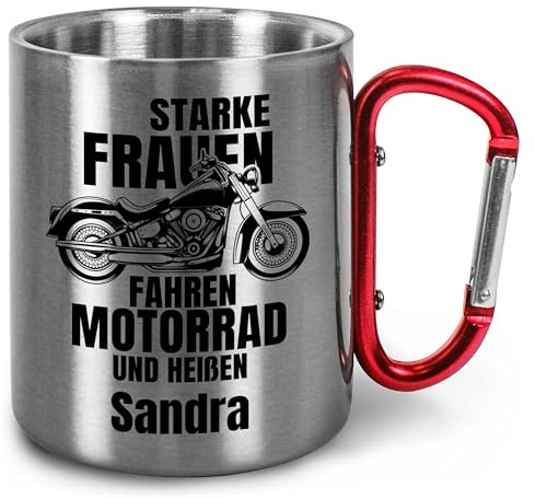 True Statements Edelstahl-Tasse 330ml mit Karabiner personalisiert „Starke Frauen fahren Motorrad und heißen WUNSCHNAME“ - Becher Namen Geschenk für Motorradfans zum Geburtstag (Frauen, Griff Rot)