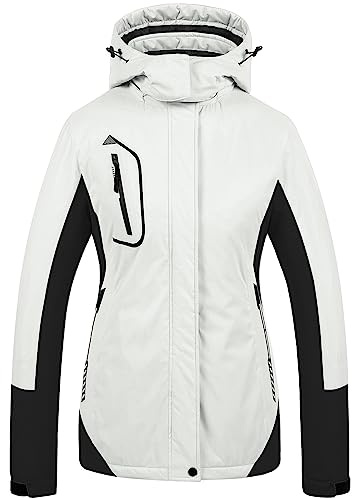 CREATMO US Snowboardjacke für Damen, Skijacken, Berg, wasserdicht, winddicht, Regen, Winter, warm, mit Kapuze, Schwarz und Weiß, Größe M