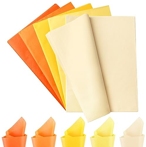 VGOODALL Seidenpapier, 75 Blatt 50x35 cm Tissue Papier, 5 Gelbtöne Bastelpapier Geschenkpapier, ideal für Blumenbasteln Geschenkverpackung Kunstprojekte, Herbstdeko Halloween Fall Decor