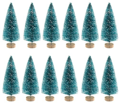 Künstliche Mini-Weihnachtsbäume mit Holzsockel, Flaschenbürstenbäume, Kunststoff-Schnee-Ornamente – Tiefgrün, 8,5 cm, 12 Stück