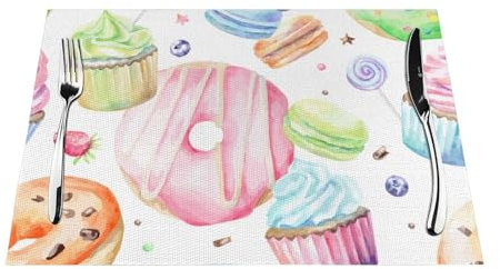 LAMAME Set di tovagliette decorative in PVC con stampa di cupcake, ciambelle, muffin, zucchero, tovaglietta da cucina lavabile