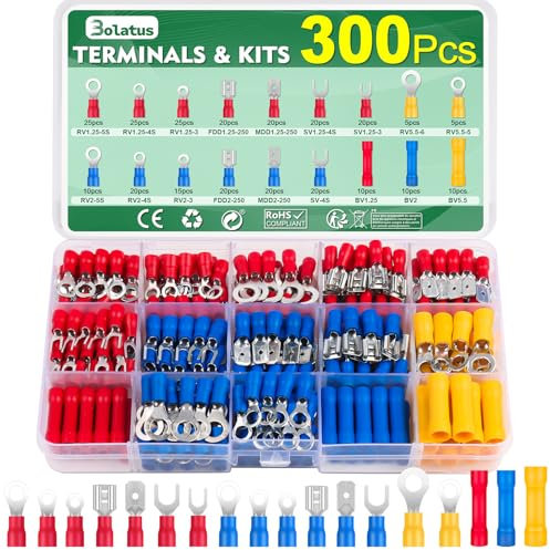 Bolatus 300Pcs Electrical Crimp Connectors 0.5-6.0mm² Insulated Crimp Terminals Ring Fork Male Female Butt Electric Wire ConnectorTerminals Set for Automotive Mechanics Repairs