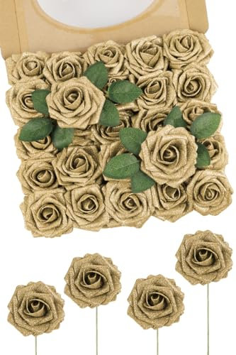 N&T NIETING Artificial Flowers Glitter Rose, 25pcs Fake Roses Flowers with Stems Real Touch Faux foam Roses for Wedding Bouquets Party Office Baby Shower Home Christmas Decoration(Golden)