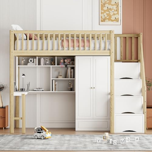 Moimhear Hochbett 90 x 200 mit großem Kleiderschrank Regal und Tisch, Stauraum Treppe Mehrzweckbetteinheit Holzbettgestell (weiß-2)