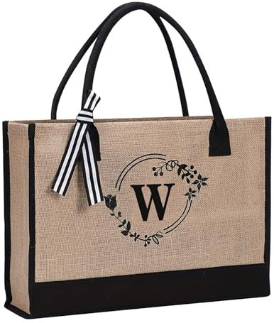 Jute-/Canvas-Tragetasche, personalisierte Blumen-Buchstaben, bedruckte Tasche für Damen/Herren, wiederverwendbare Strandtasche, Geschenktasche für den Alltag, Reisen, Lebensmittel/Picknick, W,
