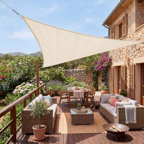 Jardinion Sonnensegel dreieckig 3 x 3 x 3m Beige HDPE | Sonnenschutz Terrasse, Sonnendach Garten, Segeltuch winddurchlässig, Beschattung inklusive Befestigung
