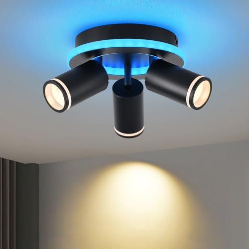 Deckenlampe LED Dimmbar mit Fernbedienung,RGB Farbwechsel 27W 2300LM Deckenleuchte,Schwenkbar Deckenstrahler,3 Flammig Rund mit unteres Glühen 12W+3x5W GU10 spots,Modern Lampe Decke für Küche,Schwarz