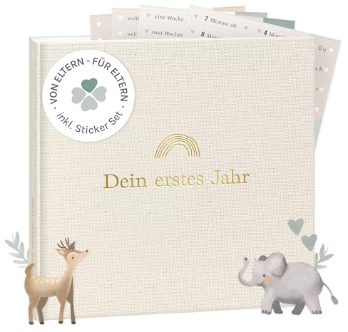 mintkind® Mein erstes Jahr Babyalbum Beige Leinen – zeitloses Babytagebuch mit 176 Seiten und Sticker-Set für warme Erinnerungen im ersten Lebensjahr, hochwertiges Hardcover 21 x 21 cm