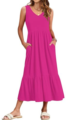 WNEEDU Women’s Summer Maxi Dresses V Neck Sundress Sleeveless Long Dress with Pockets