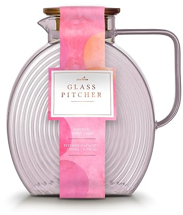 Charbrew 2.5L Borosilicate Pink Glass Pitcher with Lid - Ribbed Jug for Water, Juice, Iced Tea, Cold Brew & Cocktails - Fridge Door Friendly Carafe with Handle (Serves 10 Cups)
