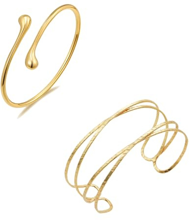 DINGFENG Gold Arm Cuff 2 Pcs, Adjustable Upper Bangles Bangles Bracelet for Women, Open Armlets Gold Bangle Set, Minimalist Punk Arm Jewelry, Gift for Girls Daughter