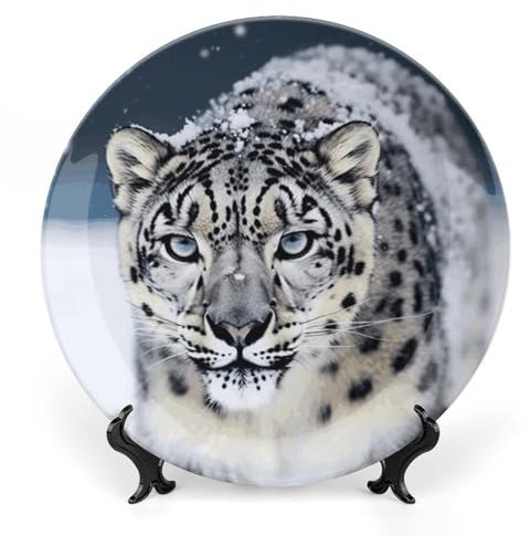 Grandes assiettes décoratives en porcelaine anglaise avec support de présentation pour cuisine, salle à manger, décoration artistique C de 25,4 cm, motif léopard des neiges aux yeux bleus