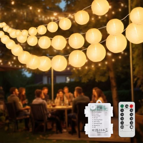 SOAIY 8M Ghirlanda di Lanterne a Batteria 20LEDs, Catena Luminosa Lanterne Decorativa con Telecomando, 8 Modalità con Timer e Funzione di Memoria, Catena Luminosa da Giardino Bianca Calda Impermeabile