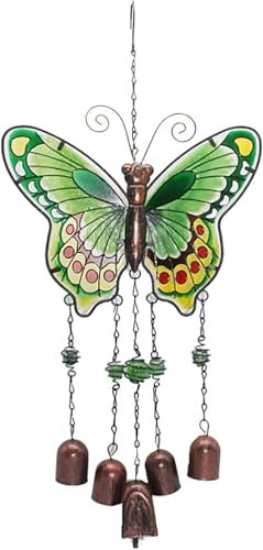 Carillon a vento a farfalla in vetro colorato, con 4 campane in alluminio per decorazione esterna, giardino, patio, cortile, prato, finestra, decorazione, verde