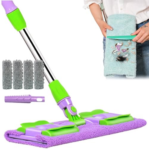 Scopa piatta – Scopa a frange per cucina con 4 teste lavabili, manico telescopico, strumento di pulizia rotante a 360 gradi per cucina e bagno, pavimenti in legno e piastrelle
