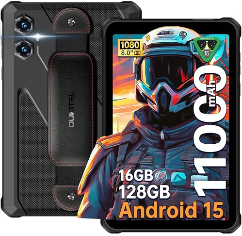 OUKITEL RT3 Plus Tablet Rugerizada - 8 Pulgadas Rugged Tablet Android 15, Batería 11000mAh, 16GB+128GB 1TB Ampliable, 16MP+8MP Cámara Tablets Gaming, Speakers 100dB/Dual 4G SIM/NFC/Face ID/GPS, Negro