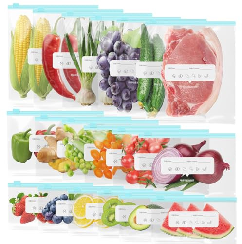 FxlStelrion 45 Pezzi Sacchetti Gelo, 3 Misure di Sacchetti Alimenti Richiudibili, Aacchetti Freezer per Frutta, Verdura, Carne, Cereali e Snack