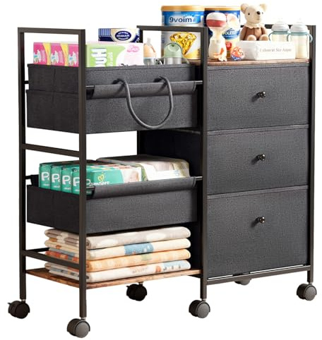 2-in-1 Baby Diaper Caddy Organizer and Storage-3 Tier Rolling Baby Cart with Dividers and Drawers, Baby Essentials for Nursery Storage, Mobile Utility Cart with Wheels Large Capacity Easy To Assemble