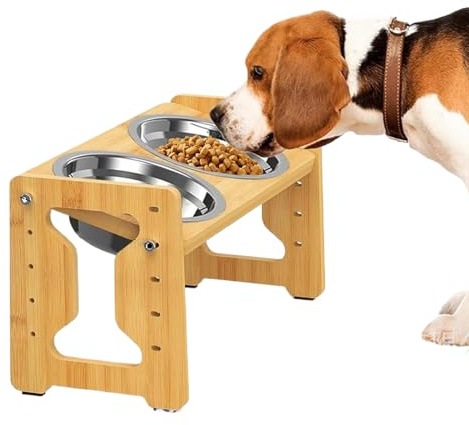 Yuemeuy Bols Élevés pour Chien - Gamelles pour Chien sur Pied avec Inclinaison de 15°,Support Ergonomique en Bois Distributeur Lent pour Eau et Nourriture