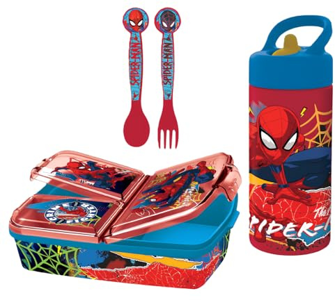 Set Scuola Spiderman bambino - Portapranzo 3 Scomparti, Posate e Borraccia 410 ml, Pranzo e Merenda, Ideale per Bambini e Fan Disney