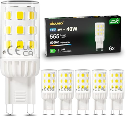 DiCUNO Bombilla LED G9 3W Clase B, Equivalente a 40W Halógena, Blanco Frío 5000K, 555 Lúmenes, LED G9 Eficiente y Duradera para Dormitorio, Salón y Cocina, No Regulable, 6 Piezas