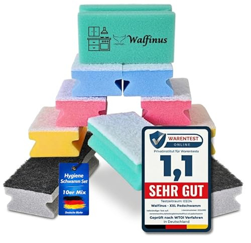 Hygiene 10er Küchenschwamm Topfreiniger Piktogramm kratzfrei | Kratzfreie Reinigungsschwämme 15x7x4 cm mit 2 Topfreinigern, Farbsystem reduziert Keimverschleppung in Küche und Bad.