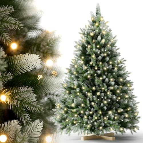 Eldzenith Weihnachtsbaum 150 cm, Tannenbaum Künstlich mit Beleuchtung, Holzständer, PVC und PE, Christbaum Schnee, Schwer Entflammbar, Christmas Tree für Zuhause, Geschäfte, Weihnachten Feiertage