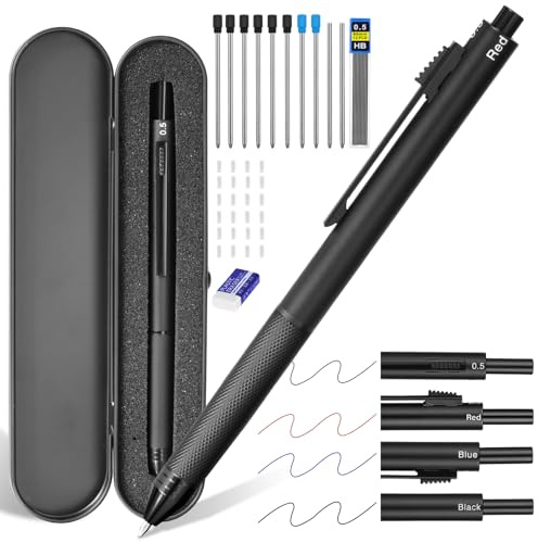AUAUY 4-in-1-Schreibgerät mit Kugelschreiber und Druckbleistift, Kugelschreiber mit 3 Feinen Spitzen(Schwarze/Blau/Rote Tinte) und 1 Druckbleistift mit Spitze(0,5mm Mine) mit Ersatzminen, Radiergummis