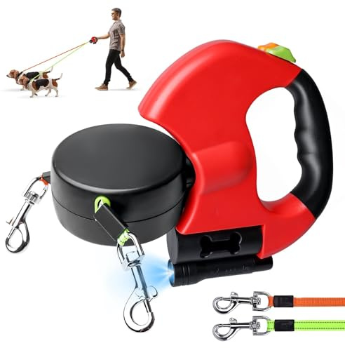Guinzaglio doppio per 2 cani – 3 metri, retrattile e allungabile, con funzione luce, impugnatura ergonomica e bobina di rotolamento