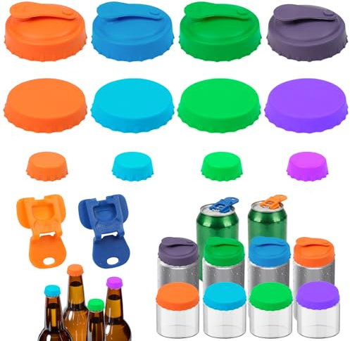 14 Pcs Silicone Can Covers, Reusable Can Lids for Standard Soda Beer Cans | Fits Cola and Fizzy Drink Tops, Helps Reduce Spills and Dust, Includes 2 Manual Openers and 3 Assorted Styles