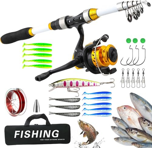 Canna da pesca e mulinello | Set di attrezzature telescopiche con borsa per il trasporto | Set di canne da pesca | per pesca in mare lago fiume acqua salata acqua dolce pesca ghiaccio surf