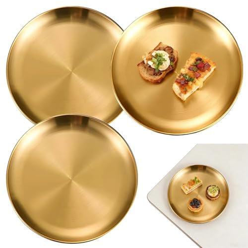 EVTHUR 3 Stück Rundes Tablett Gold Platter, 20 cm Dekoteller Gold Platter, Goldenes Rundes Tablett Klein, Geeignet für Familienküche, Camping, Party, Restaurant.