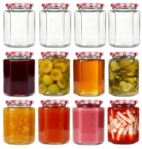 Bayseun Jam Jars with Lids Hexagonal, 12 pack 280ml Small Glass Jars with Red Gingham Screw Top Lids, Wide Mouth Airtight Jars with Lid for Jam, Chutney, Preserves, Marmalade and Pickle