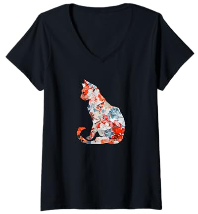 Donna Gatto Origami Gatti Giapponesi in Fiore di ciliegio Giappone Maglietta con Collo a V