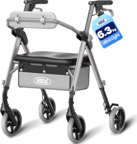 VOCIC Rollator faltbar und leicht mit Sitz, 6,3kg Ultraleicht für Senioren | Rollator klappbar, Max 150 kg, Ergonomischer Sitz, höhenverstellbar, Walker schmal für wohnung & Reise,Silber