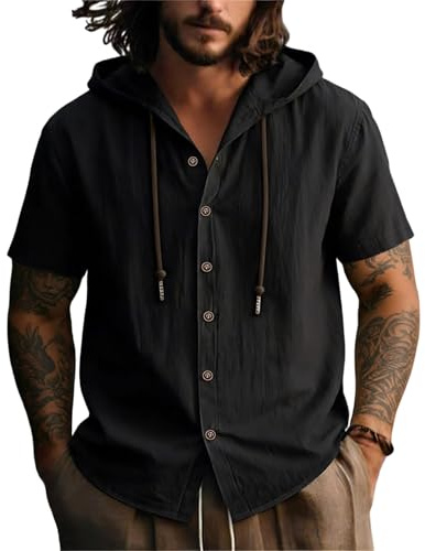 Hello MrLin Lyocell Linen Shirts Men Summer Casual Button Down T Shirts for Men UK Lightweight Beach Holiday Short Sleeve Shirts with Hood