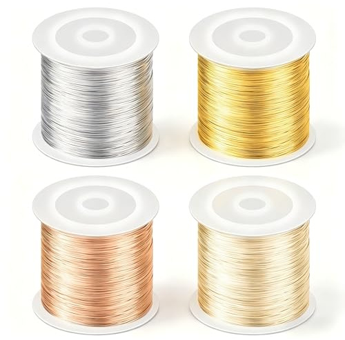 Kontazmi 4 Spulen Schmuckdraht 100M x 0,3 mm dünner Kupferdraht, in Gold, Silber, Roségold und Kupfer vielseitiger Basteldraht für Schmuckherstellung, DIY, Perlenarbeiten, Ringe und Armbänder