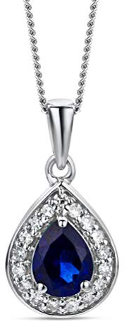 Orovi Schmuck Damen Tropfen Kette Gold mit Ketttenanhänger Edelstein/Geburtsstein Saphir in Blau umgeben von 17 natürliche Diamanten Brillanten 0.06 CT klassische Halskette Weißgold 9 Karat / 375 Gold