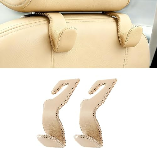 Lot de 2 crochets d'appui-tête pour sacs à main et sacs, siège arrière de voiture, crochet de rangement en cuir beige