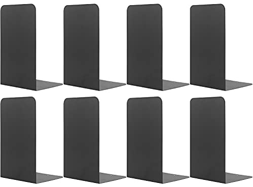 MSDADA Black Metal Bookends (8pcs, 4 pairs) for Book Shelves, Office, Heavy Books, Modern Minimalist Style