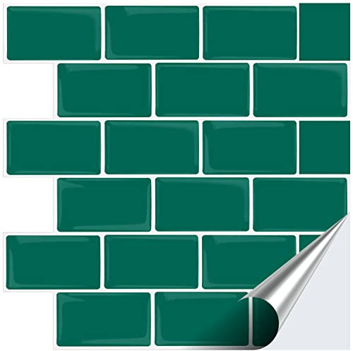 FoLIESEN 3D Fliesenaufkleber für Bad, Küche, Badezimmer - Fliesen-Folie selbstklebend - Grüner Ziegel, :4 Stück