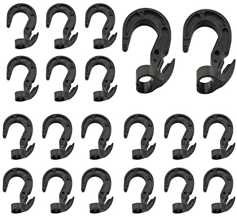 ZZLZX Gummiseilhaken aus Kunststoff, 20 Stück, schwarz, elastische Seilklemmenenden, S-offene Haken für Gummiseil, Gummi, Campingplanen, Bungee-Seilhaken